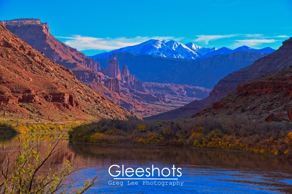 Fisher Towers and Colorado River at Sunset Close-Up, Moab, Utah
