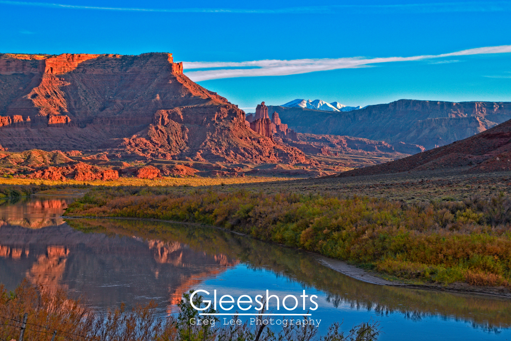 Fisher Towers and Colorado River at Sunset, Moab, Utah